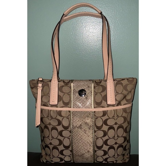 COACH SIGNATURE STRIPE PYTHON KHAKI TOTE - Picture 11 of 12